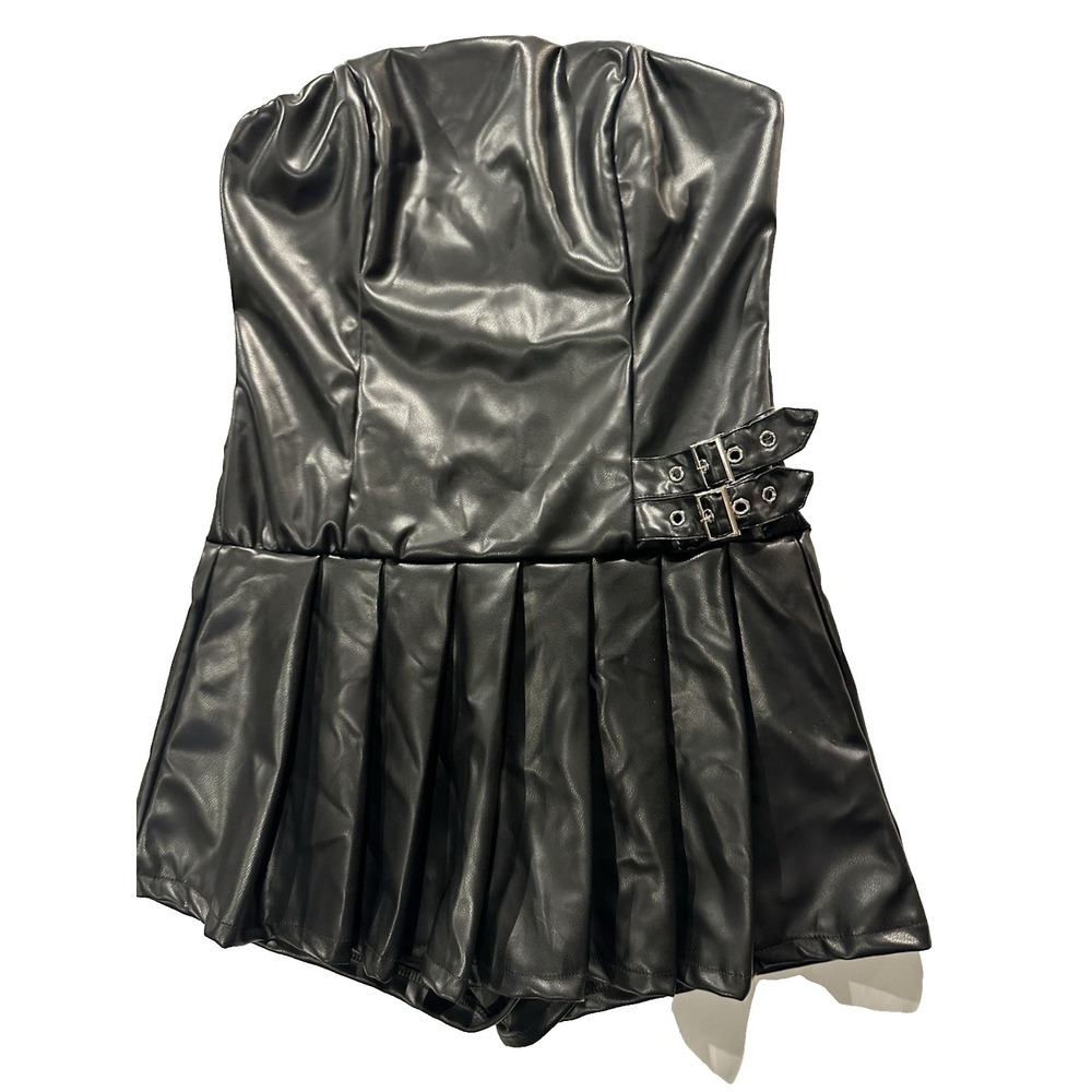 Fashion Nova‎ Faux Leather Strapless Romper Black Buckle Detail Size L